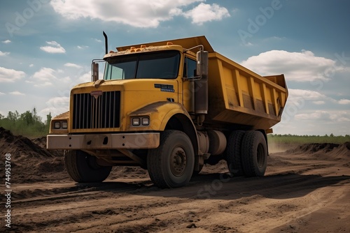 yellow dump truck parked in a dirt field 