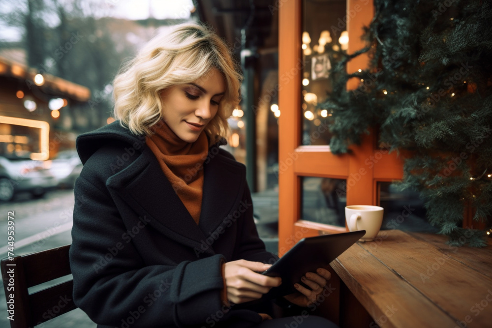 a Pretty Blonde Woman Wearing a Coat Sitting in an Outdoor Cafe and Using a Digital Tablet a Pretty Blonde Woman Wearing a Coat Sitting in an Outdoor Cafe and Using a Digital Tablet
