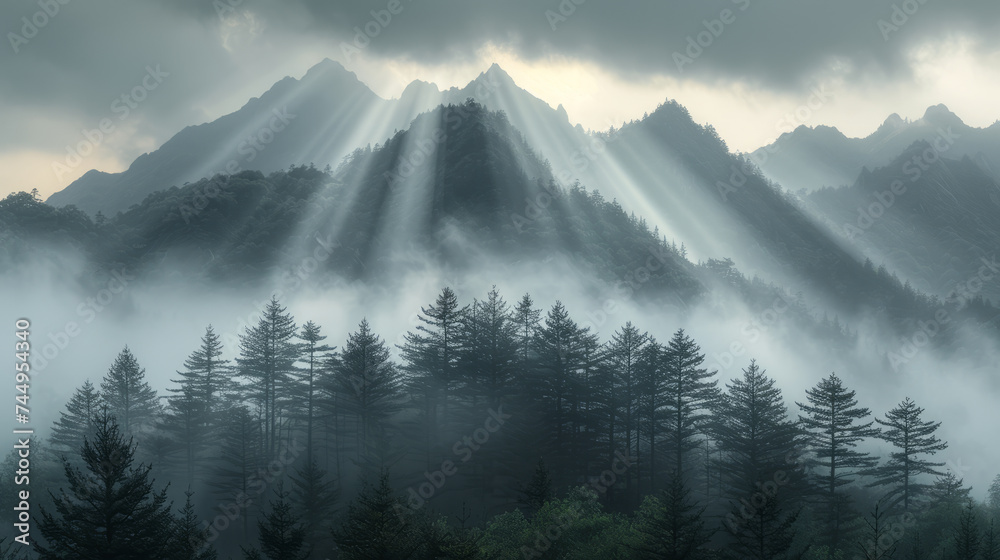 sharp jagged yellow mountains of Huangshan China covered in fog and clouds,generative ai - obrazy, fototapety, plakaty 