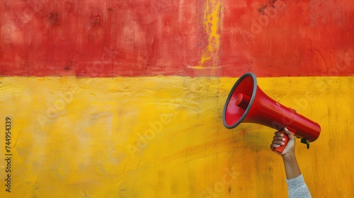 megaphone on red and orange wall background with copy space © Balerinastock