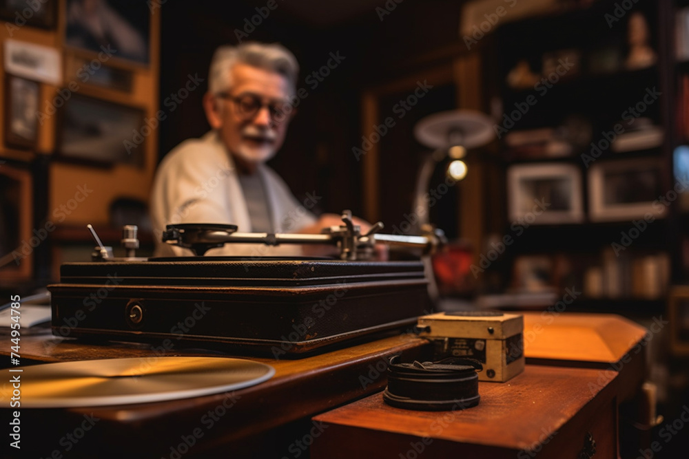 a senior man enjoying analog records in his study a senior man enjoying analog records in his study