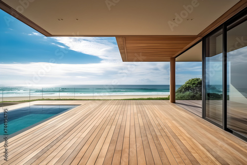 A vacant outside wooden terrace with a pool and a grassy yard in a contemporary beach home or a luxurious villa. Sea view from the outside of the building © VisualVanguard