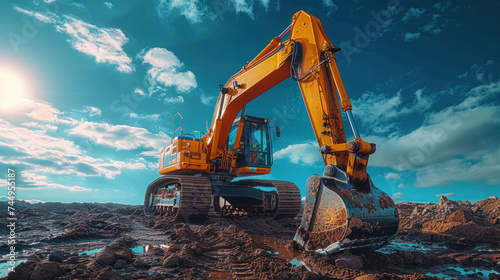 A big excavator in construction site on blue sky with cloud background.