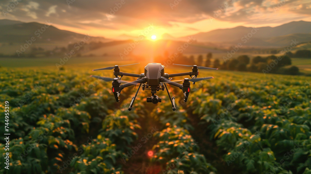 Agricultural drone from above working over field.  Agricultural technology concept.