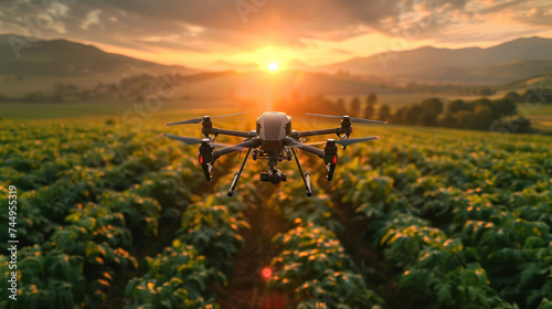 Agricultural drone from above working over field.  Agricultural technology concept. © tong2530