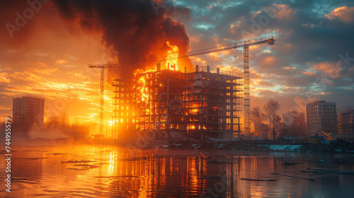 construction site fire burning with black smoke,generative ai.