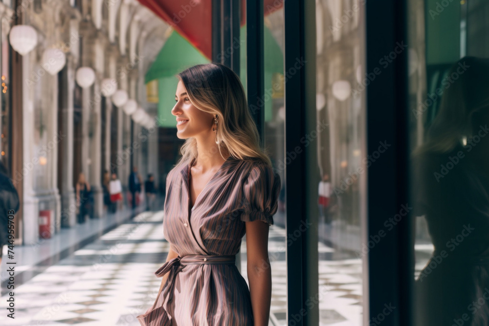 A smiling attractive Caucasian shopaholic looking in some shop window - obrazy, fototapety, plakaty 