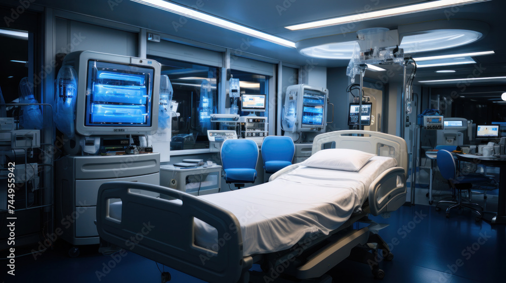 Biometrics, recovery ICU intensive care unit room ward with life support at hospital medical care emergency. Biometrics, recovery ICU intensive care unit room ward with life support at hospital medical care emergency.