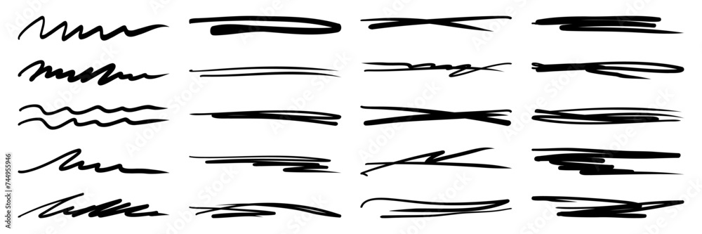 Set of ink hand drawn strikethrough lines. Crosses, curved and trendy scribble brush strokes. Isolated vector illustration. Set of ink hand drawn strikethrough lines. Crosses, curved and trendy scribble brush strokes. Isolated vector illustration.