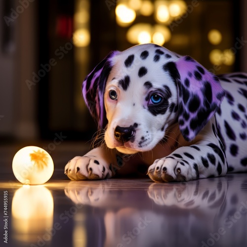 Dalmatian Puppy Resting Beside an Apple on the Floor