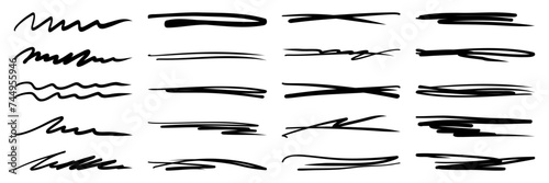 Set of ink hand drawn strikethrough lines. Crosses, curved and trendy scribble brush strokes. Isolated vector illustration.