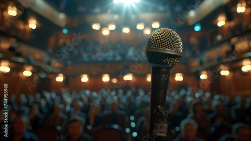 A single microphone on a stand is highlighted by a spotlight against a blurred background of an auditorium filled with an expectant audience, suggesting a live performance or speech. photo