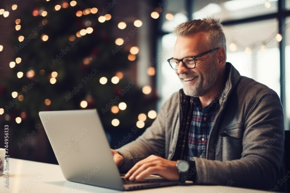 A smiling senior man typing on a laptop, chatting online with friends, indoors A smiling senior man typing on a laptop, chatting online with friends, indoors
