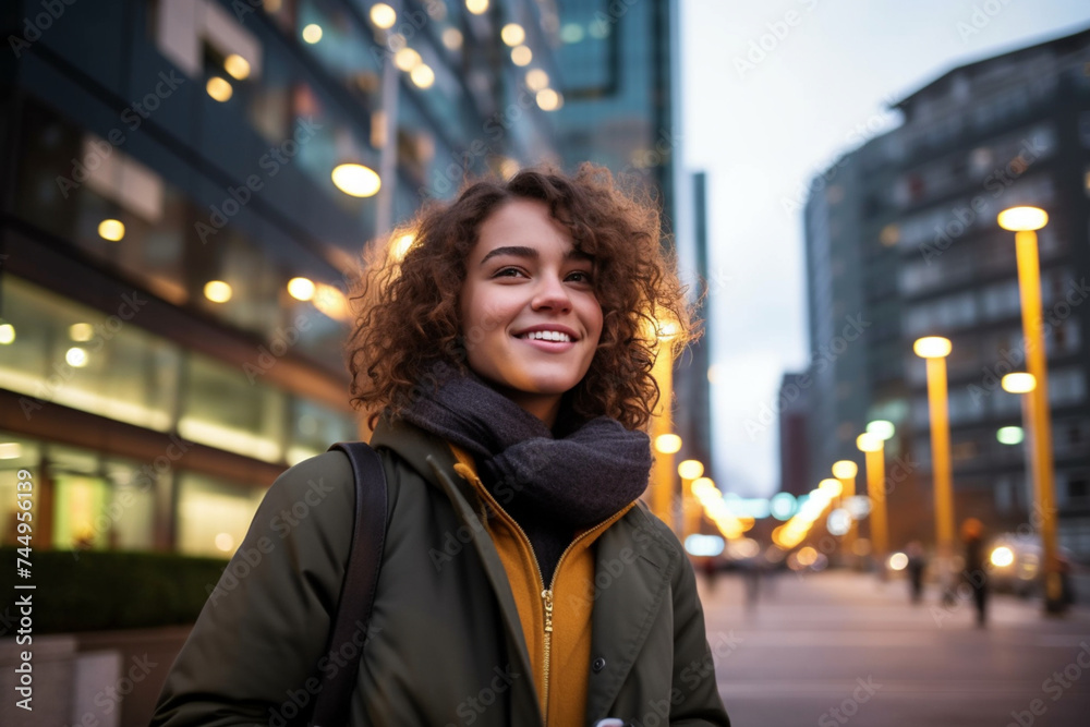 a smiling young woman at the downtown district a smiling young woman at the downtown district