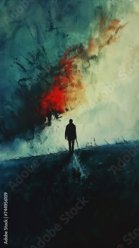 man walking beach surfboard deep color emotional sad album cover betraying eden wondering about others frequency princess world fire silhouetted red blue black