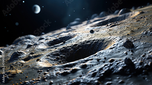 Close up of Fascinating moon, meteorite craters and intriguing surface features.