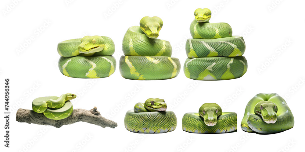 Collection of green snake isolated on a white background as transparent PNG
