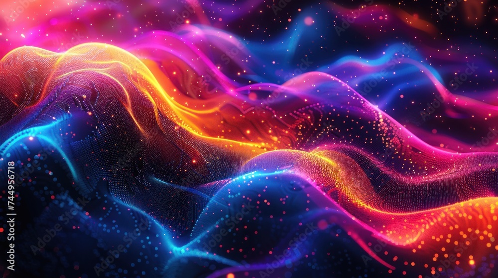 Vibrant abstract digital art depicting flowing wave patterns with sparkling particles, evoking a sense of motion and energy.