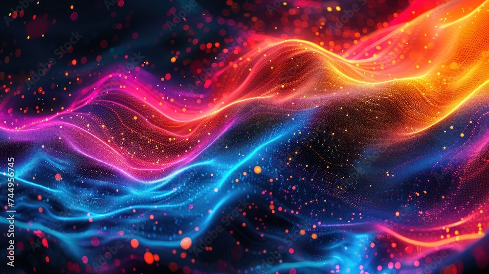 Vibrant abstract digital art depicting flowing wave patterns with sparkling particles, evoking a sense of motion and energy. Vibrant abstract digital art depicting flowing wave patterns with sparkling particles, evoking a sense of motion and energy.