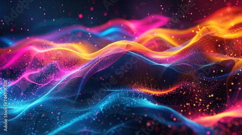 Vibrant abstract digital art depicting flowing wave patterns with sparkling particles, evoking a sense of motion and energy.
