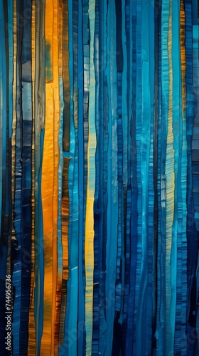 closeup blue yellow striped wall glass sculpture layered paper sunset pouring techniques acacia trees rich deep color thick layers rhythms young tectonics multilayer panel black