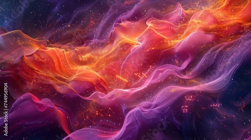 Vibrant abstract digital art depicting flowing wave patterns with sparkling particles, evoking a sense of motion and energy.