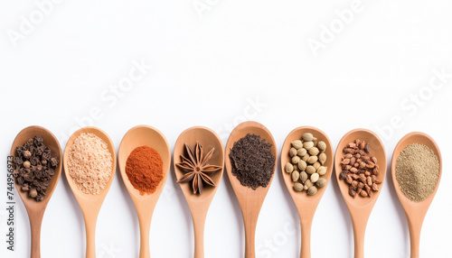 Aromatic Spices Held by Wooden Spoons on White Background