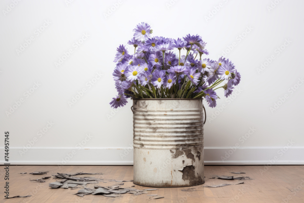 custom made wallpaper toronto digitalBouquet of purple daisies in a metal bucket on a wooden floor