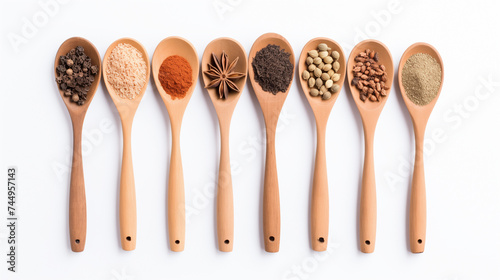 Aromatic Spices Held by Wooden Spoons on White Background