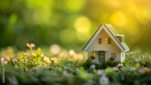 Tiny toy house on spring grass sprouts.