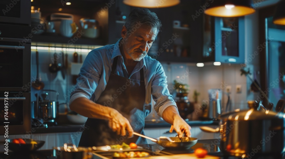 Mature handsome man cooking in modern home kitchen. Great moment. Dinner time. Mature handsome man cooking in modern home kitchen. Great moment. Dinner time.