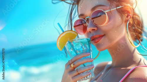Enjoying sexy girl with cocktail on the beach. Summer vacation concept.