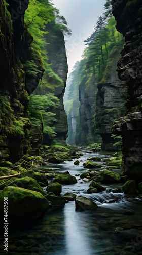 stream running narrow canyon mossy rocks symmetric black mountains flowing tendrils ratio young green tones stunningly