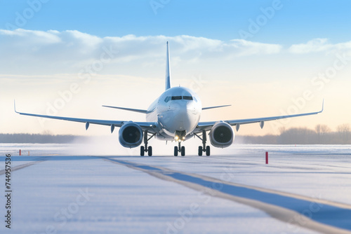A white commercial airplane flies over the snowy (icy) airport takeoff runway