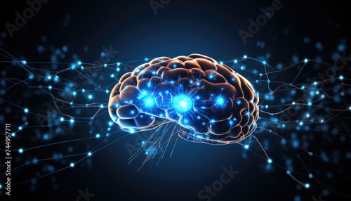 A wireframe mesh of a human brain with glowing blue lines connecting different parts