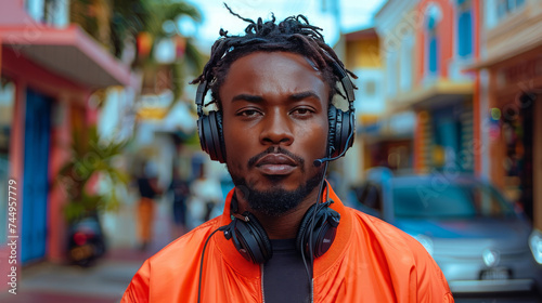 one man guy jacket background portrait fashion dj american music headphones african black ,generative ai © Chanya2498