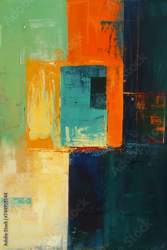 abstract square few squares different color orange turquoise oil captures emotion movement hanging scroll green blue thick layers rhythms