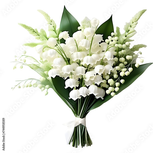 Spring bouquet of lily of the valley flowers, green leaves, and lily flowers tied with white ribbon. The image is isolated on a white background. For Mother's Day cards, birthday cards, wedding