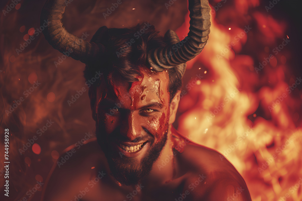 Devil in hell. Portrait of a handsome and attractive pumped-up devil smiling against the background of hell - obrazy, fototapety, plakaty 