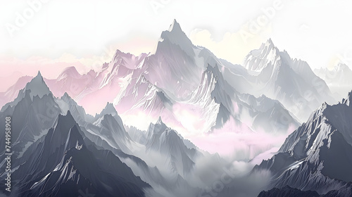 Panoramic view of a mountain range with peaks in monochrome. Foggy and overcast. Illustration for cover