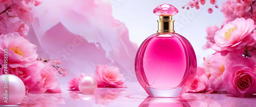 Opulent Blossom Setting: Glass Perfume Vial Amidst Floral Elegance