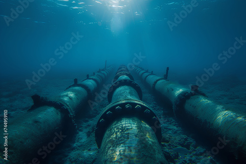 The gas pipeline runs on the seabed. Transport of gas, oil. Concept of economy, oil and gas industry