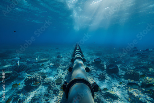 The gas pipeline runs on the seabed. Transport of gas, oil. Concept of economy, oil and gas industry © Uliana