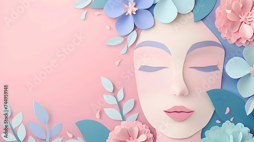 Women face and flowers paper cut style for International Women's Day and Mother Day background