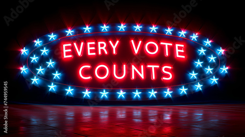 Dramatic neon graphic display reading “EVERY VOTE COUNTS” - politics - television news - cable news - republican - democrat - bright colors - voting - polls - election coverage  photo