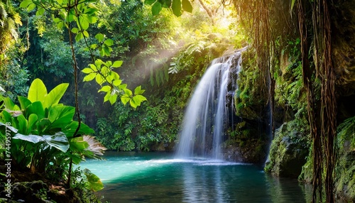 Scenic view of waterfall in forest  beautiful nature background 
