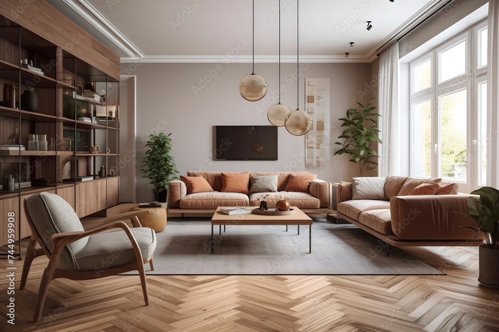 Stylish furniture and parquet flooring can be seen in a modern living room