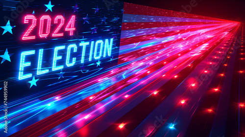 Dramatic neon graphic display reading “2024 ELECTION” - politics - television news - cable news - republican - democrat - bright colors - voting - polls - election coverage  photo