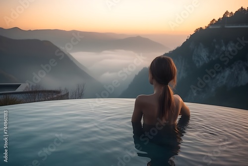 back view young adult female person enjoy relax in infinity edge luxury outdoor swimming pool looking on fog hill green mountains in warm sunset light. Alpine welness travel vacation tourism concept