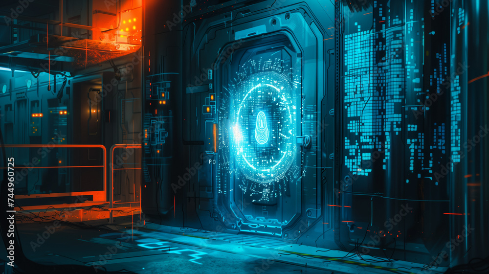 high-security doorway, its lock engaging with a glowing fingerprint scan. Cybernetic encryption codes flow around the scanner